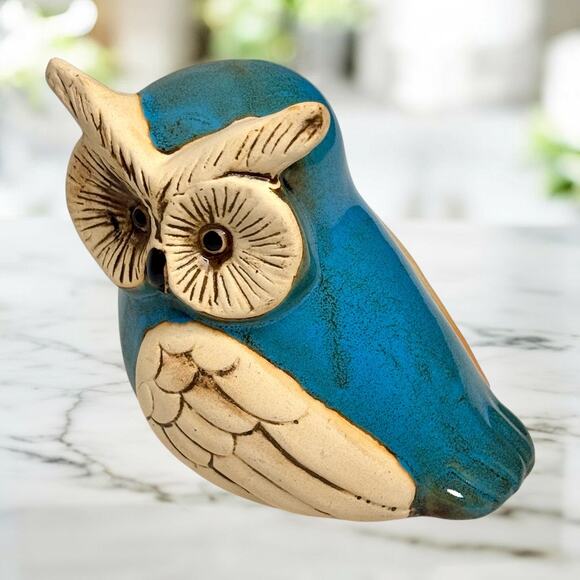 Handcrafted Ceramic 5” Owl Figurine Turquoise Rustic Folk Art Decor Nature Boho - Picture 5 of 7